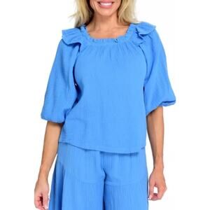 Fig & Vine Gauze Peasant Blouse •L• Puff Sleeves Cotton Poet Blue Coastal ITALY